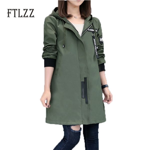 Spring Automne Trench Coat Femmes Causal Manches longues avec capuche Moyen Armée Vert Femelle Casaco Feminino S 210525