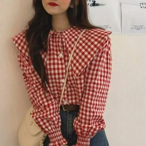 Lente Herfst Vintage Blusas Mujer De Moda Koreaanse Mode Peter Pan Kraag Geruite Lange Mouw Blouses Singlebreasted Shirts 240320