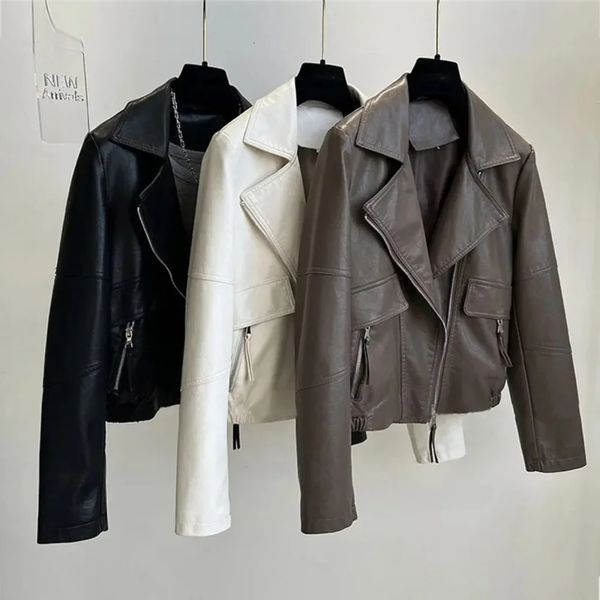 Printemps automne Vintage veste en Faux cuir femmes marron Moto Biker manteaux décontracté Streetwear fermeture éclair PU vêtements d'extérieur 240122