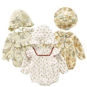 Lente herfst vintage bloemen katoen prinses jumpsuit mode geboren hoed kinderen kleding baby meisjes bodysuits 210417