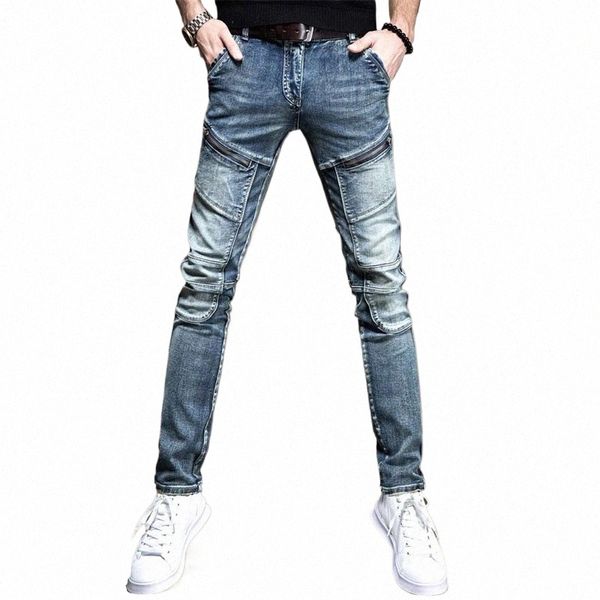 Printemps Automne Vintage Moto Zipper Designer Classique Slim Splice Cowboy Streetwear Années 90 Slim Punk Cowboy Work Jeans Homme Pantalon x2mA #