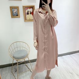 Lente herfst vintage roze satijn shirt jurk vrouwen femme robe losse lange mouw dames elegante maxi jurken vestidos 210514