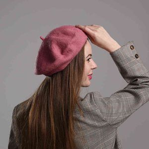 Printemps Automne Vintage Femmes Bérets Laine Solide Couleur Filles Béret Chapeau Femme Caps Capuche Peintre Style Chapeau J220722