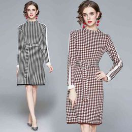 primavera outono inverno moda senhora vestido de malha o neck houndstooth casual tricô linha a 210531