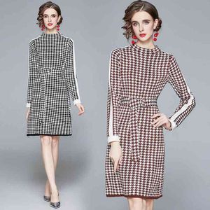 lente herfst winter mode dame gebreide jurk O hals Houndstooth casual breien van een lijn 210531