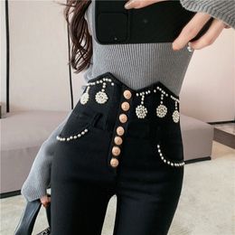 Printemps automne hiver nouveau design femmes taille haute luxe perles tunique moulante à simple boutonnage plus velours chaud crayon long pantalon pantalon MLXLXXL3XL