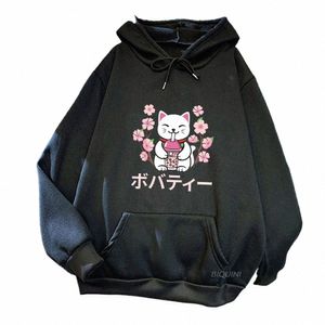 Lente Herfst Winter Vrouwen Hoodies Carto Kat Bubble Boba Melk Thee Kersenbloesem Print Lg Mouw Plus Size Hoodie Sweatshirt S6ZR #