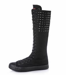 Printemps automne femmes toile genou bottes hautes nouveau noir blanc femme croisé décontracté longues bottes métal Rivet Botas Mujer