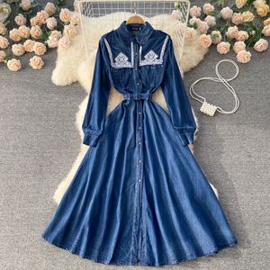 Lente Herfst Vrouwen Casual Jurk 2022 Nieuwe Mode Retro Slanke Lange Mouw Denim Geborduurde Single Breasted Elegante Vestidos