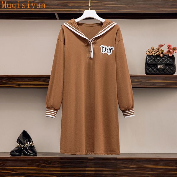 Primavera otoño mujeres casual sudadera vestido moda rayado cuello marino manga larga suelta algodón camiseta vestidos 210428