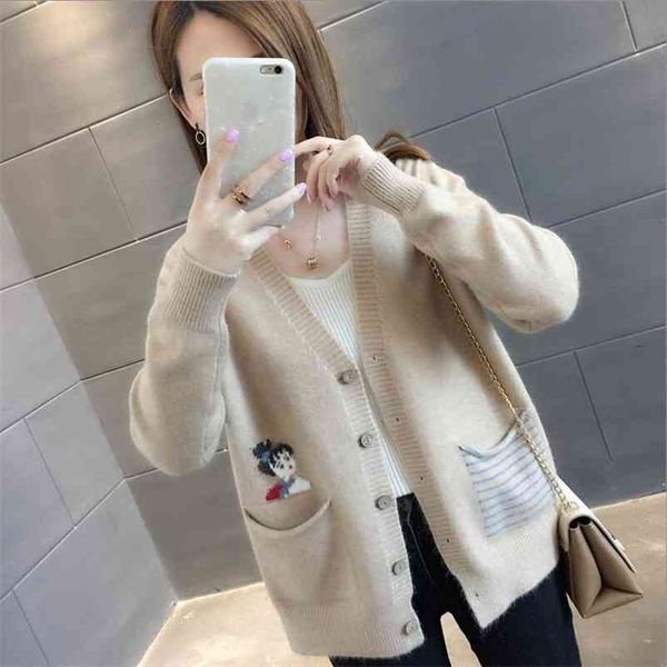 Primavera Otoño Mujeres Bordado Cardigan Punto Suéter Abrigo Damas Manga larga Ganchillo Ropa exterior Mujer Casual V-cuello 210427