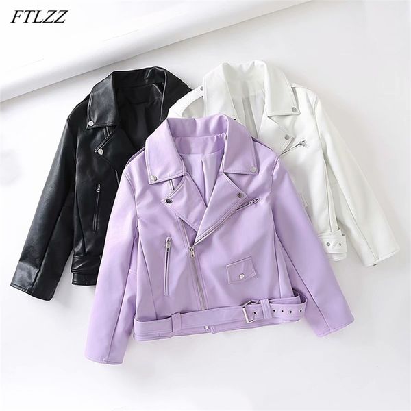 Printemps automne femmes Faux cuir veste Streetwear revers surdimensionné violet Pu manteau ample avec ceinture dame vêtements d'extérieur 210430