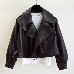 Printemps automne femmes Faux cuir veste col rabattu PU moto lâche manteau femme Cool Streetwear vêtements d'extérieur 210909