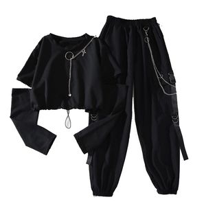 Spring Autumn Women Harajuku Cargo Pants Handsome Cool Two-piece Suit Chain Long Sleeve+Ribbon Pants 210319