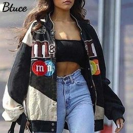 Lente herfst vrouwen harajuku patchwork m letter print bomberjack casual vrouwelijke iong mouw rits honkbal jas jas 210928