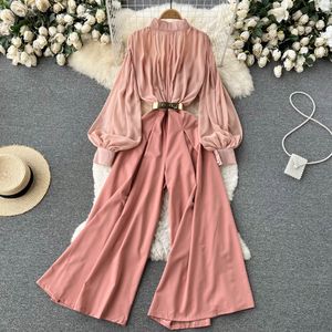 Spring Autumn Women Jumpsuits Stand Collar Puff Sleeve Jumpsuits Office Lady Empire Slim Jumpsuits Loose Wide Leg Jumpsuit with Belt 2023