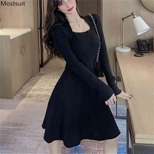 Primavera otoño mujeres Kintted vestido elegante coreano manga larga túnica delgada falsa dos piezas suéter negro Vestidos 210513