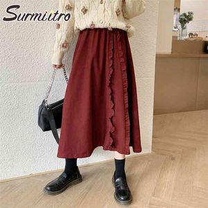 Весна-Осень женская корейская стильная черная, красная вельветовая оборками с высокой талией школьная длинная юбка миди женская 210421