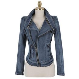 Damesjassen Lente Herfst Dames Lange Mouw Stand Kraag Cardigan Denim Jacket Lady Revers Helderige Rits Pocket Slanke Shorts Jeans Jas