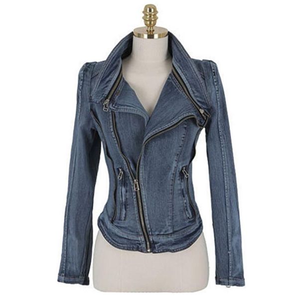 Vestes pour femmes printemps automne femmes à manches longues col montant Cardigan veste en jean dame revers incliné poche à glissière Slim Shorts Jeans manteau