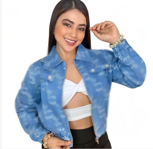 Printemps automne femmes tout nouveau designer décontracté slim fit fermeture éclair denim vestes fermeture éclair lettres imprimées revers polos col court bleu manteau d'extérieur plus taille 3X