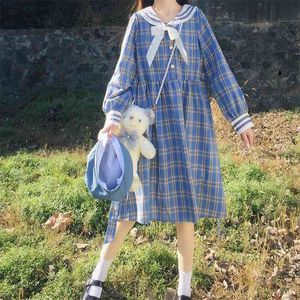 Lente herfst vrouwen jurk Japanse stijl losse strik plaid lange mouwen slanke vrouw es gx808 210507