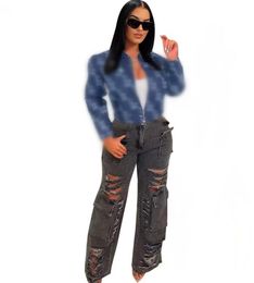 Lente herfst damesmode ontwerper gloednieuwe blauwe luxe denim jeans jassen rits gedrukte letters revers polo kraag bovenkleding jas