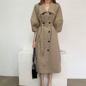 Lente Herfst Damesjas Frans Retro Pure Kleur Revers Puff Sleeve Trench Coat Dubbele Breasted Slanke Dunne Jassen LL810 210506