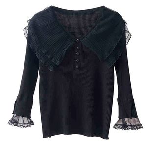 Printemps automne femmes tricoté hauts pullover coréen couleur unie dentelle couture mince col en v pull haut GD558 210506