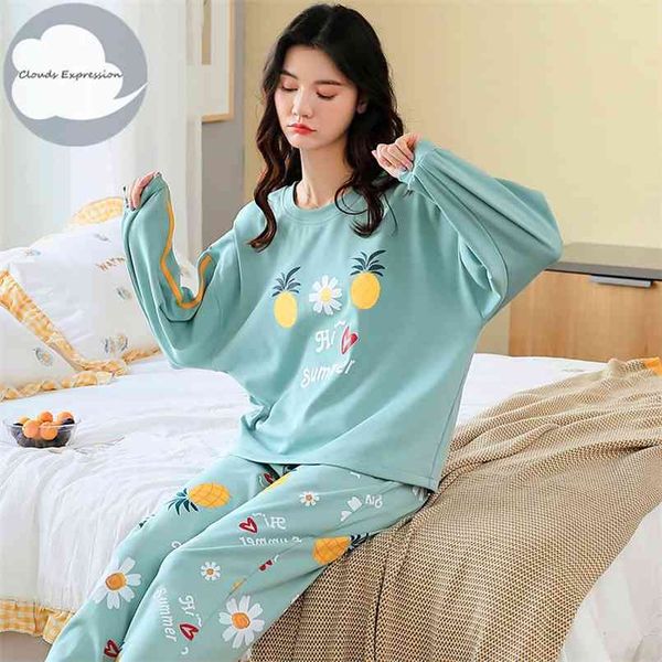 Printemps Automne Femmes Sleep Lounge Pyjama À Manches Longues Femme Set Cartoon Pyjamas Coton Vêtements De Nuit M L XL XXL XXXL Mode 210809