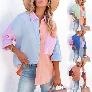 Spring herfst vrouwen shirts blouses 2022 contrast kleur splitsen met lange mouwen shirt dames casual revershals knoppen tops