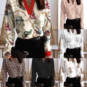 Frühling Herbst Frauen Shirts Blusen 2023 Designer Damen Tops Mode V-ausschnitt Langarm Gedruckt Hemd Plus Größe 3xl