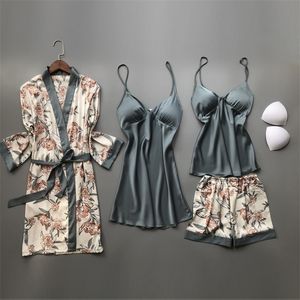 Conjuntos de pijamas de seda para mujer de primavera y otoño con almohadillas para el pecho Pijama con estampado de flores ropa de dormir 4 piezas pijama de satén con tirantes finos 220421