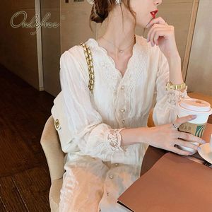 Printemps automne femmes blanc dentelle Plue taille à manches longues broderie simple boutonnage tunique fête Maxi robe 210415