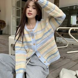 Printemps automne femmes style coréen lâche rayé outcoat polyvalent tricoté pull mode mince contraste couleur cardigan d'extérieur 240326