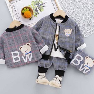 Printemps Bébé Garçons Mode Gentleman Costumes Manteau T-shirt Pantalon Plaid 3 Pcs / Set Enfants À Manches Longues Costumes Ensemble 1 2 3 4 Ans X0802