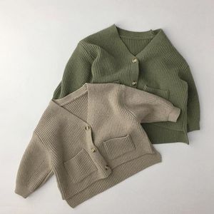 Printemps bébé garçons tricoté Cardigan chandails poches couleurs unies filles veste en tricot tout-petits enfants pull enfants vêtements 210413