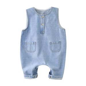 Lente baby denim overalls mouwloze jumpsuit meisje romper kinderen zomer kleding 210515