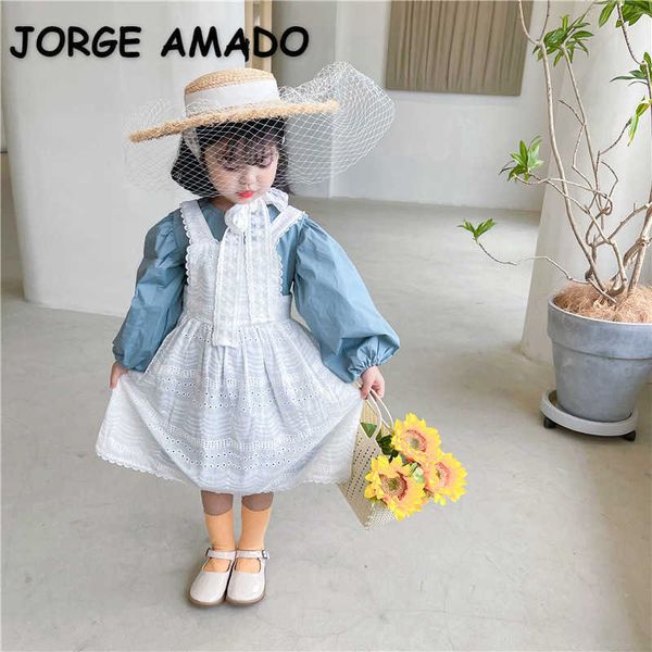 Spring Baby Girl 2-PCS Ensembles Robe à manches longues + dentelle blanche Sling Vêtements pour enfants E1042 210610