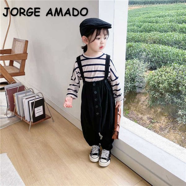 Spring Baby Girl 2-PCS Conjuntos de manga larga a rayas Camiseta + Monos sueltos de punto negro Ropa para niños E6042 210610