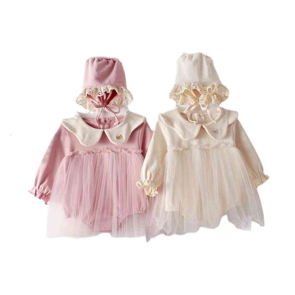 Printemps bébé fille body filles col à manches longues brodé maille coton couverture rigide Creeper petites filles vêtements 210515