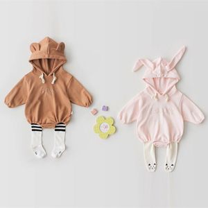 Lente baby meisje jongen rompertjes lange mouw hooded jumpsuit kleding schattig konijn beer oor 210429