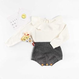 Lente babymeisje kleren bodysuit gegolfde kraag mode gebreide trui infantil patchwork lange mouw b 608