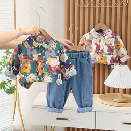 Ensemble de vêtements de printemps pour bébés filles et garçons, chemise en jean imprimé à revers, à la mode, Costume d'extérieur pour enfants