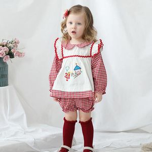 Lente baby meisjes cartoon raster lange mouwen jurken kinderen kinderen meisje prinses kleding + shorts 210429