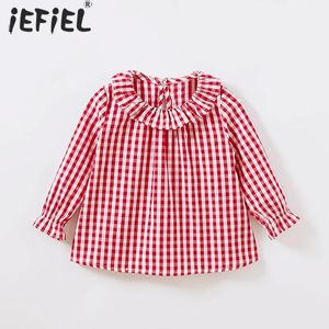 Lente Baby Meisjes Lange Mouw Blouse Kinderen Plaid Ruches Kraag T-shirts Top Kids Flare Mouw Katoenen Shirt Meisje Kleding 240318