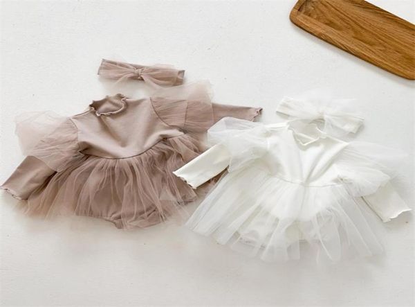 Vestido de mameluco para niñas de primavera TUTU blanco Recién nacido Manga larga 1er cumpleaños Niño pequeño con diadema 2 piezas Ropa 2268 V22876626