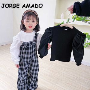 Lente Baby Meisjes T-shirt Lange Bladerdeeg Mouwen Effen Kleur Katoen Dunne Korea Fashion Style Kinderkleding E3018 210610