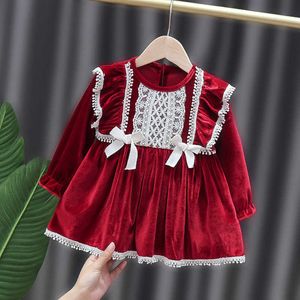 Printemps bébé filles velours robe vin fête princesse enfants robe avec dentelle enfants vêtements Lolita Style Vestido Q0716