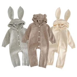 Lente Baby Jumpsuits Gebreide Beer Bunny Capuchon geboren Romper Koreaanse Baby Meisje Jongens Kleding Peuter Onesie Kinderkleding 240119